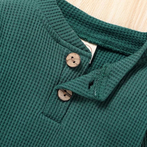 Vista 5 de Conjunto de mameluco de manga larga con botones para recién nacido, niño y niña, conjunto unisex de gofres, Verde oscuro