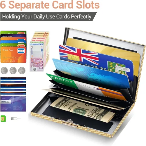 Vista 116 de BONSYL® Soporte para tarjetas de crédito, cartera delgada de metal con bloqueo RFID, con 6 ranuras para tarjetas, para mujeres y hombres.