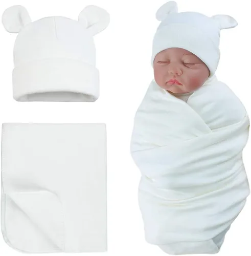 Vista 17 de PESAAT Conjunto de gorro de algodón para bebé, sombreros para recién nacidos, mantas de recepción para bebés niños y niñas Verde militar