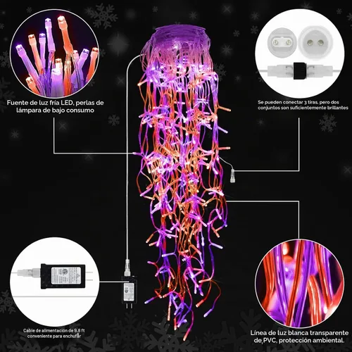 Vista 5 de JXLEDAYY 65 pies 640 luces LED de Halloween decoraciones exteriores luces de cadena de alambre transparente con enchufe 120 gotas 8 modos