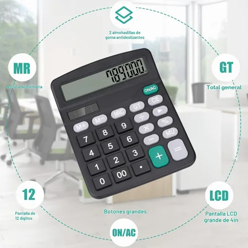 Vista 4 de Calculadora de escritorio, calculadora negra con botones grandes, pantalla LCD grande de 12 dígitos, batería solar y AA de doble potencia