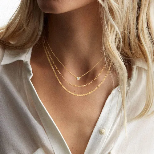 Vista 4 de CHESKY - Collares de oro escalonados para mujer, cadena delicada de 14 quilates, diseño de eslabones cubanos a la moda, con cierre de círculo