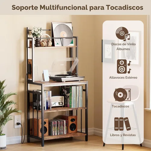Vista 6 de IRONCK Soporte para tocadiscos, almacenamiento de discos de vinilo de 2 niveles, mesa grande para tocadiscos con estación de carga, soporte