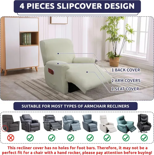 Vista 3 de Iauddy - Funda elástica para sillón reclinable de 4 piezas, protector de muebles suave y ajustado para sillón reclinable con bolsillo, funda