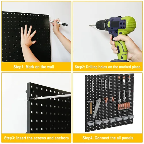 Vista 7 de Pegboard Smith Paneles de plástico negro de 17.75 x 17.75 pulgadas, tablero de clavijas de organización de herramientas de garaje, juego de 4