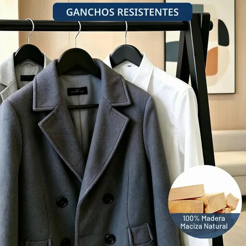 Vista 5 de Amber Home Perchas de madera maciza para trajes, paquete de 30 perchas de madera con acabado negro liso con barra antideslizante para pantalones