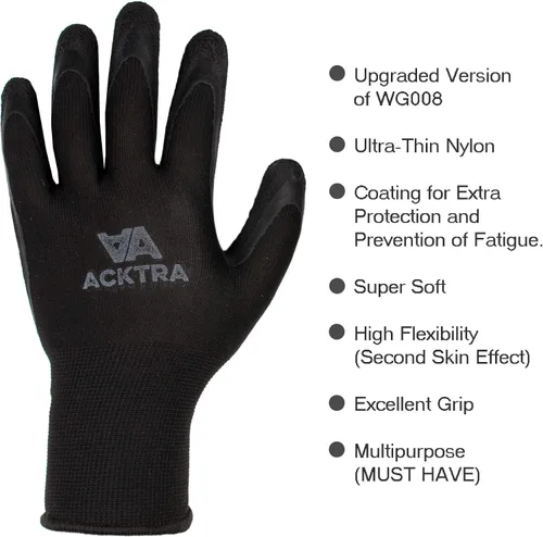 Vista 3 de ACKTRA - Guantes de trabajo de nailon recubiertos de poliuretano premium, 12 pares, puño tejido, para jardinería y uso general, para hombres