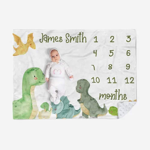 Vista 11 de Manta de hito mensual personalizada para bebé, nombre personalizado con diseño de dinosaurio, fondo de fotografía, manta de felpa suave con respaldo