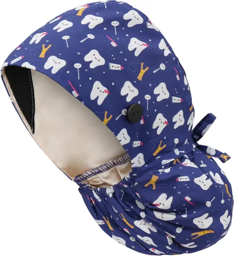 Vista 36 de QBA Gorra de trabajo ajustable con botón, gorro forrado de satén, gorro de trabajo de algodón, banda elástica para atar en la espalda, unisex
