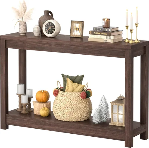 Vista 13 de Besiost Mesa auxiliar de granja, mesa auxiliar estrecha, mesa auxiliar delgada con estante de almacenamiento, mesa consola pequeña para espacios
