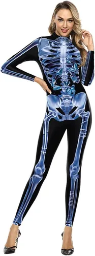 Vista 23 de Sister Amy Disfraz de esqueleto de calavera para mujer de Halloween, traje ajustado de una pieza J-colorido esqueleto