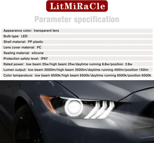 Vista 6 de Conjunto de faros delanteros LED Mustang, faros delanteros estilo OEM con reflector ámbar, conjunto de faros compatibles con Ford Mustang 2015 2016