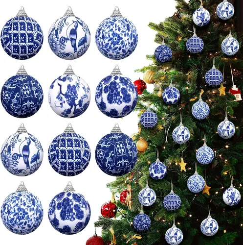 Vista 7 de Preboun 48 Piezas Adornos de Bolas Navideñas Chinoiserie Azul y Blanco Decoración de Árbol Chinoiserie Adornos Colgantes para Árbol de Navidad