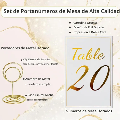 Vista 2 de Tarjetas de números de mesa doradas del 1 al 30 con tarjeta de mesa
