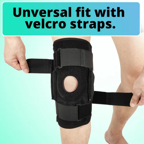 Vista 2 de Rodillera con bisagras para hombres y mujeres, rodillera ajustable con bisagras de metal extraíbles y estabilizadores laterales integrados