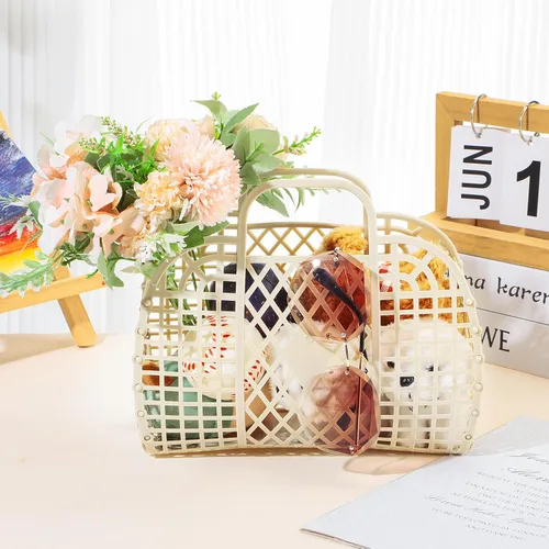 Vista 5 de Hsei 16 bolsas de gelatina para niñas, cesta de Pascua, reutilizable, bolsa de playa de plástico para playa, cesta de regalo para niños y niñas Beige