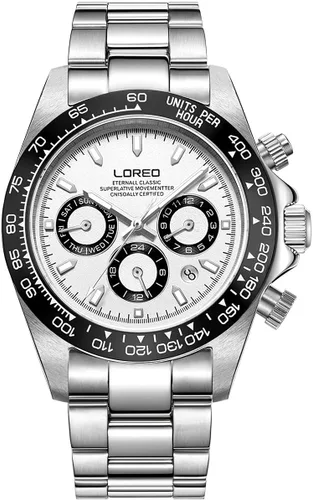 Vista 12 de LOREO Reloj Automático para Hombre de Acero Inoxidable Plateado con Cristal de Zafiro, Bisel de Cerámica, Fecha, Militar, de Buceo, Impermeable Negro