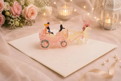 Vista 4 de ETA Tarjeta de felicitación desplegable de boda 3D, tarjeta desplegable de carruaje 3D, tarjeta desplegable de aniversario de boda vintage, tarjeta