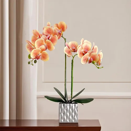 Vista 3 de Orquídeas artificiales Floreros de plata, orquídeas artificiales, orquídea naranja, altura 20 pulgadas