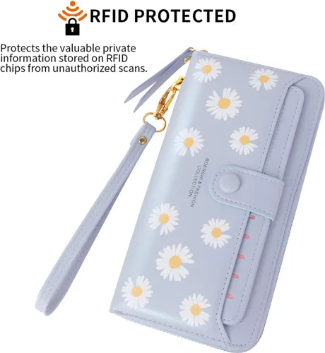 Vista 4 de Cartera de piel para mujer, con bloqueo RFID, bolsillo con cremallera, tarjetero, con ventana de identificación
