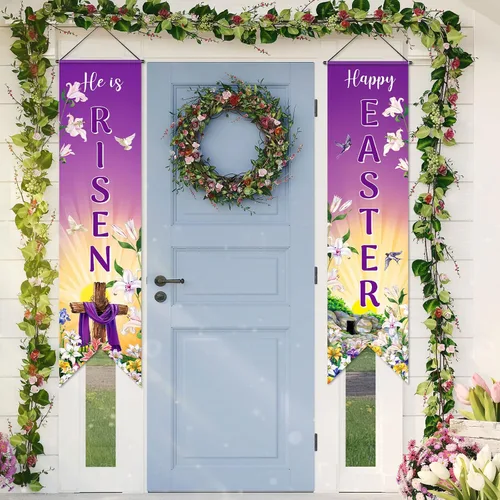 Vista 7 de Outus Cartel de feliz Pascua para porche con texto en inglés «He Is Risen» para puerta delantera, decoración de pared para colgar en la pared, fondo