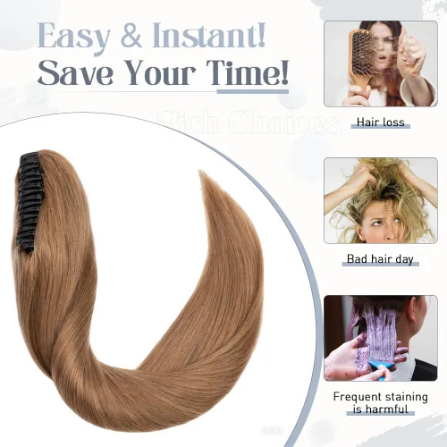 Vista 85 de Rich Choices Extensión de cola de caballo con clip de garra, cabello humano real, una pieza, extensiones de cabello largo Remy para mujer, #18P613