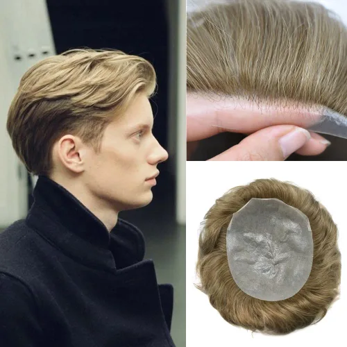 Vista 17 de Toupee para hombres piel fina 0.001 in Toupee V-looped Remy sistema de cabello humano pu mens hairpieces línea capilar invisible para pérdida