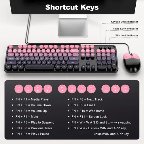 Vista 6 de Dilter Combo de teclado y mouse con cable, teclados de máquina de escribir de tamaño completo de 104 teclas, teclado de oficina USB con teclado