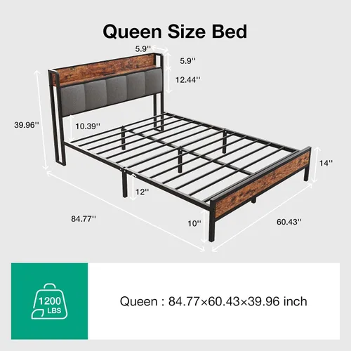 Vista 2 de Novilla Base de cama Queen con estación de carga USB/tipo C y cabecera de almacenamiento, marco de cama de plataforma de metal moderno, fácil