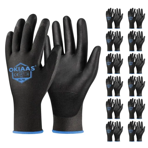 Vista 21 de OKIAAS Guantes de trabajo ultrafinos y ligeros para hombre con agarre, 12 pares, color negro, talla S