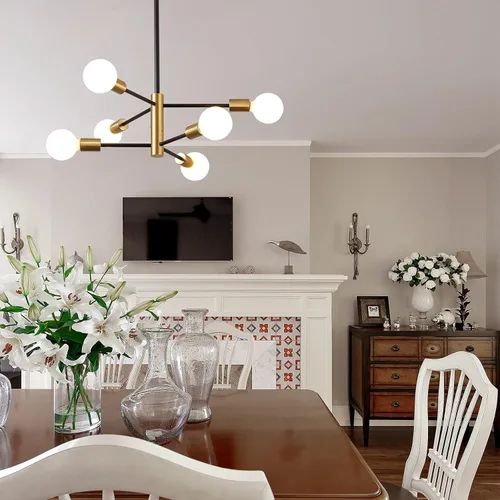 Vista 4 de KAISITE - Candelabro Moderno Sputnik - Candelabro de 6 Luces con Ajuste de Altura, Acabado en Negro y Oro para Cocina, Dormitorio y Vestíbulo