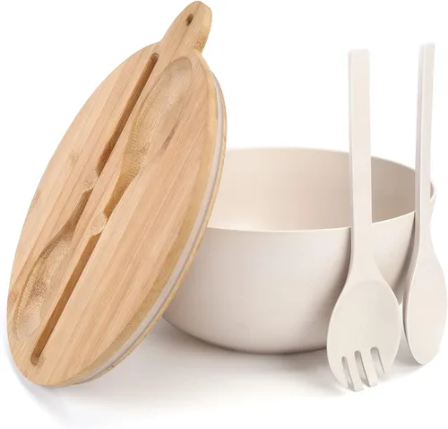 Vista 9 de ShineMe Juego de Ensaladera Negra, Ensaladera Grande de Fibra de Bambú de 9.8 pulgadas con Tapa y Utensilios (Cuchara y Tenedor), Tazón Sólido