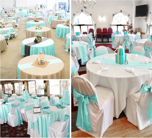 Vista 6 de Pack de 10 caminos de mesa de satén premium Aqua de 12 x 108 pulgadas de largo para bodas, caminos de mesa para decoraciones de fiestas