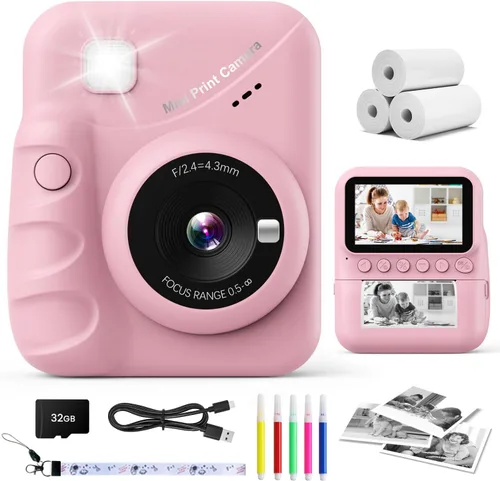 Vista 9 de Cámara para niños, impresión instantánea, pantalla de 3.0 pulgadas, cámara instantánea de foto de 48 MP para niños con tarjeta de 32 GB, juguete