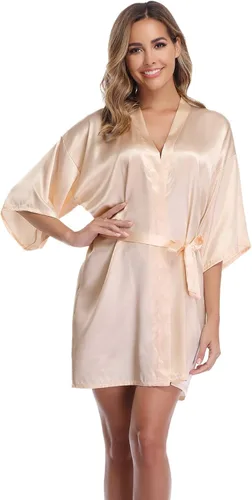 Vista 3 de Vlazom - Bata corta, kimono de satén para mujer, para novia y dama de honor, batas para fiestas de boda con brillantes dorados o diamantes