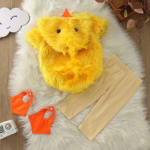 Vista 4 de Disfraz de pollo para bebé, disfraz de Halloween, disfraz de bebé niño y niña, mameluco con capucha de animal Amarillo