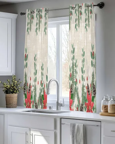 Vista 8 de Cortinas traslúcidas de eucalipto de Navidad de 39 pulgadas de largo, juego de 2 paneles de cortinas para cocina, dormitorio, sala de estar