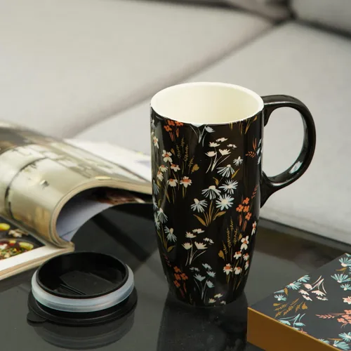 Vista 9 de Topadorn Taza de Café de Cerámica Taza de Viaje Regalo con Tapa 17oz., Taza de Té Alta de Porcelana con Asa para el Hogar y la Oficina, Taza