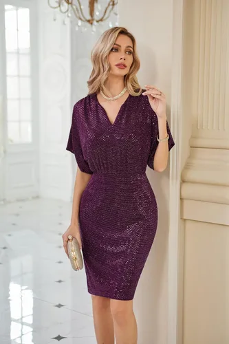 Vista 3 de GRACE KARIN Vestidos de lentejuelas para mujer, mangas brillantes de murciélago, cuello con muescas, vestido midi ajustado para cóctel, fiesta, cita