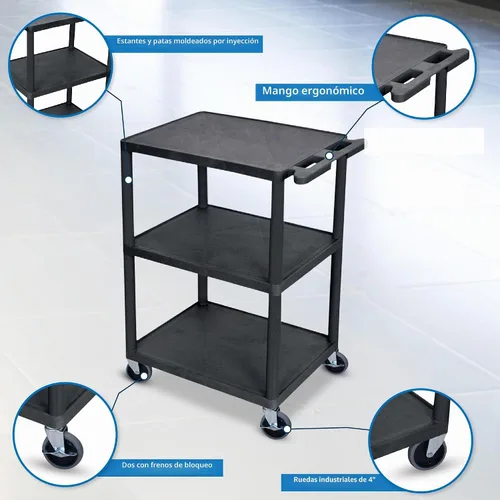Vista 2 de Luxor Multiusos Tres Estantes Estructural Espuma Plástico Almacenamiento Utilidad Carro - Negro