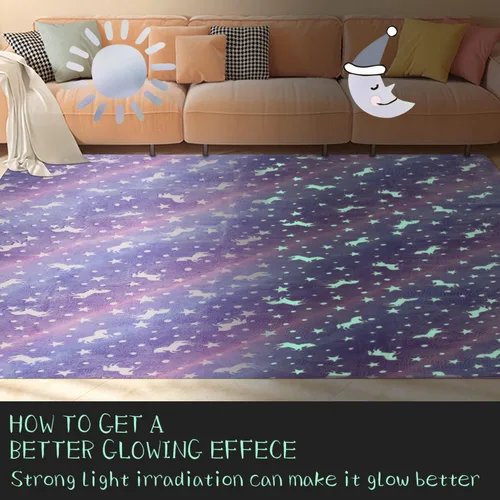 Vista 5 de QH Alfombra de área con patrón de unicornio morado sin costuras que brilla en la oscuridad, para sala de estar, dormitorio, habitación de niños