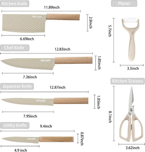 Vista 2 de Juego de cuchillos de cocina profesional de 7 piezas con bloque universal de cuchillos, juego de bloques de cuchillos súper afilados con mango Beige