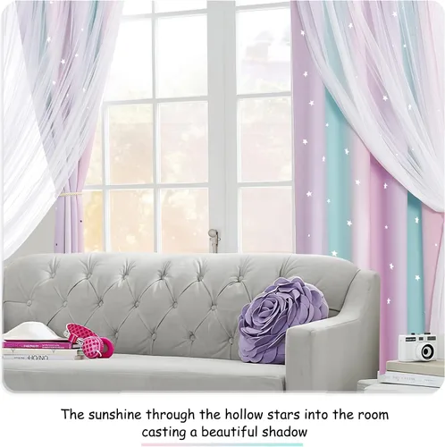 Vista 6 de NICETOWN Cortinas para Dormitorio de Niñas Infantiles con Estrellas Caladas Ventana 2 Capas Cortina 63 Pulgadas de Longitud Oscurecimiento