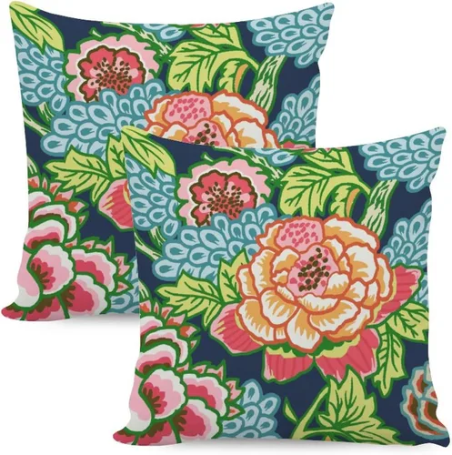 Vista 29 de Juego de 2 almohadas coloridas de estilo chinoiserie, color rosa intenso, azul real, peonía, floral, blanco, lino, estilo chinoiserie, para sofá