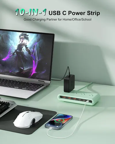 Vista 2 de Regleta de alimentación con USB C de 35 W, cargador de pared de enchufe plano 10 en 1, cable de extensión de 5 pies con 4 CA, 3 USB A y 3 USB C Verde