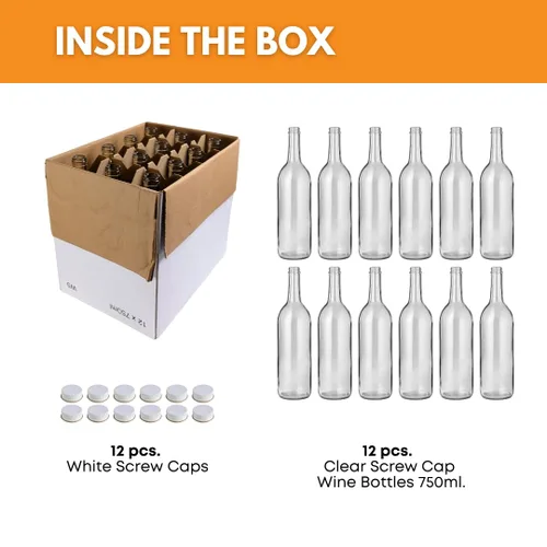 Vista 2 de FastRack - Botellas de vino transparentes de 750 ml con tapas de rosca de metal blanco de 28 mm (Paquete de 12) Botellas de vino de Burdeos W5