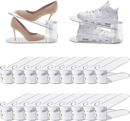 Vista 10 de Paquete de 10 organizadores transparentes de ranura para zapatos, apilador de zapatos para un par de zapatos, ajustable de doble capa gruesa y 50%