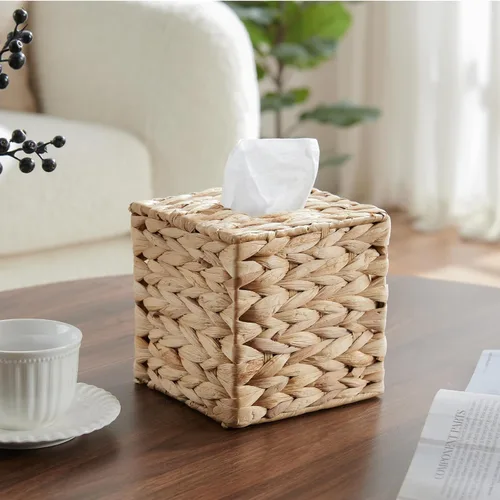Vista 3 de YANGQIHOME - Funda cuadrada para caja de pañuelos de ratán – Soporte decorativo bohemio para pañuelos faciales en la mesa y el baño, 5.9 pulgadas