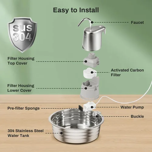 Vista 2 de Fuente de agua para gatos, fuente de acero inoxidable para mascotas de 4 L/135 onzas con 3 filtros, dispensador de agua para perros, fuente de agua