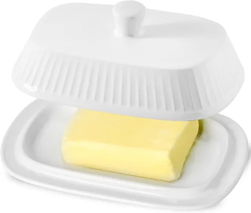 Vista 9 de HASENSE - Mantequillera de porcelana, mantequera grande con tapa, soporte de mantequilla con cubierta, recipiente de mantequilla para mantequilla